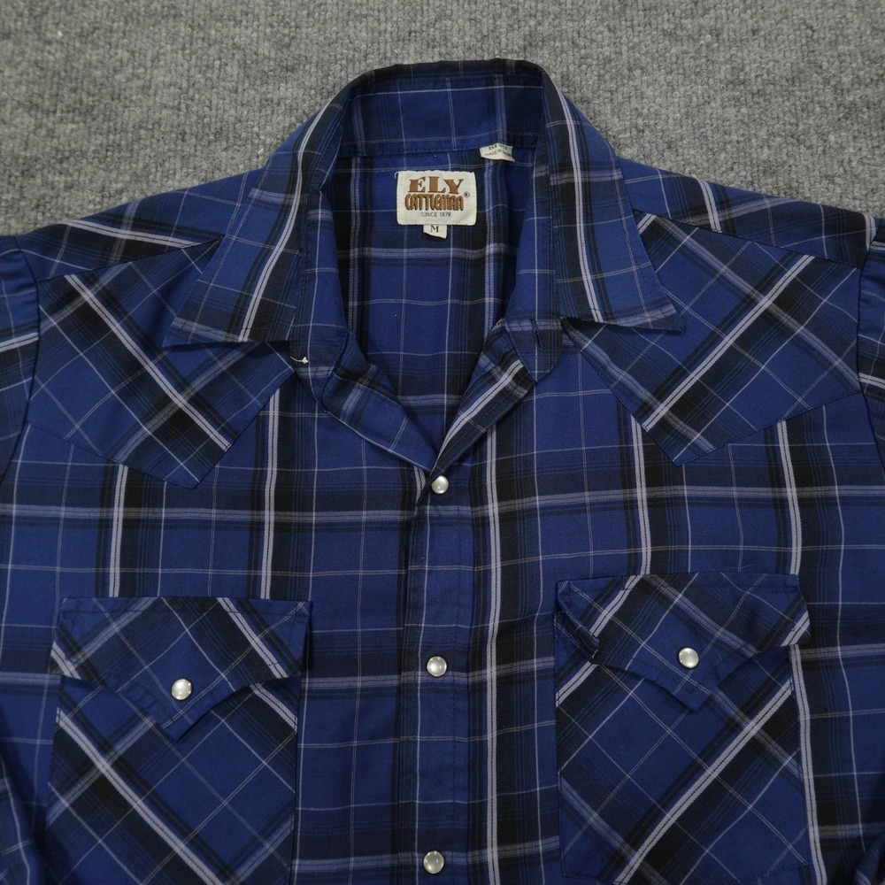 Ely Cattleman Shirt Men Medium Blue Plaid Long Sleeve Pearl Snap Western Cowboy
